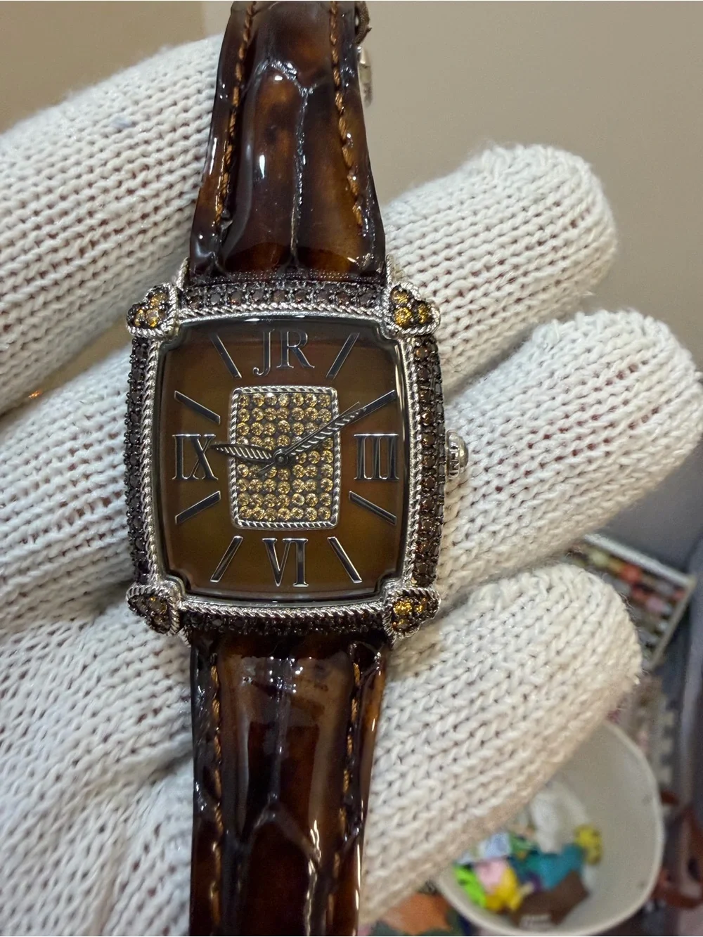 Judith Ripka Monaco Watch Brown Face Pave CZ Crystal Heart Tortoise Strap Runs